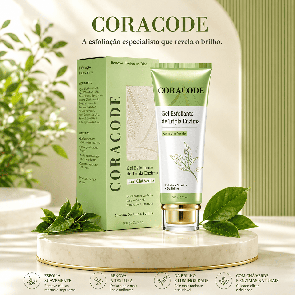 CORACODE™ Peel Renew 3X Gel Esfoliante de Tripla Enzima com Chá Verde